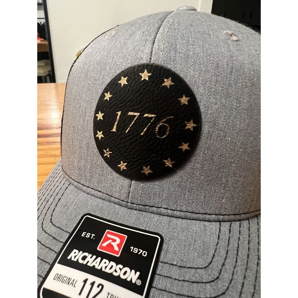 1776 Leather Patch Hat Richardson 112 Gray/Black ADJ Size NWT America 250 Cap